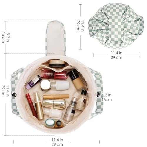 Narwey Lay Flat Open Drawstring Makeup Bag, Large Cosmetic Bag for Women Girls, Cute Make up Bags, Portable Travel Toiletry Bag for Skincare, Brushes & Travel Essentials (Green Checkerboard) - color: Z-Mint Green Checkerboard