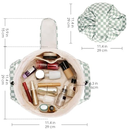 Narwey Lay Flat Open Drawstring Makeup Bag, Large Cosmetic Bag for Women Girls, Cute Make up Bags, Portable Travel Toiletry Bag for Skincare, Brushes & Travel Essentials (Green Checkerboard) - color: Z-Mint Green Checkerboard