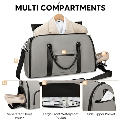 Vessgra Garment Bag for Airplane Travel, Carry On Garment Duffle Bags for Women, 2 in 1 Travel Suit Bag with Shoes Compartment Carry on Bag Hanging Garment Bag Travel with Shoulder Strap,Grey - color: Grey