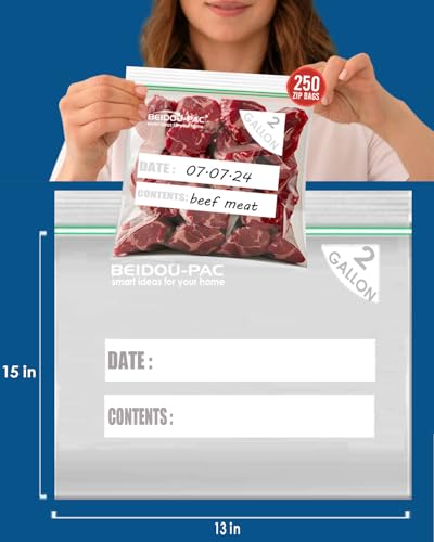 BEIDOU-PAC 2 Gallon Large Food Storage Freezer Bags, 250 Count | Double Zipper |13" * 15", Freshness Easy Open Reclosable Clear Plastic Bags - style: Zip | 2 gal 250 count