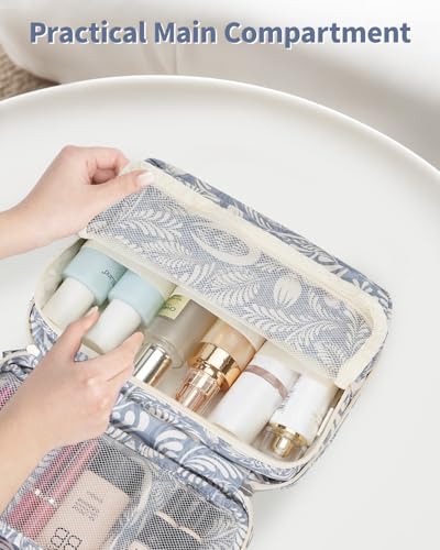 Narwey Small Hanging Travel Toiletry Bag for Women, Travel Bag for Toiletries, Makeup Bag Organizer Cosmetic Bags Make Up Bags for Girls - color: Blue Leaf
