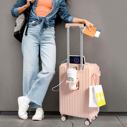 Carry-on Luggage with Cup Holder & USB Charging Port, Hard Side Luggage with Spinner Wheels, Lightweight Luggage for Travel, Business (Pink, Carry-On 20-Inch) - color: Pink