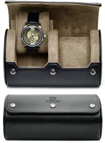 2 Watch Roll Travel Case – Leather Watch Holder Case for Travel - Black Full Grain Cow Leather (Beige Interior) - color: Saffiano Real Leather/2 watches roll