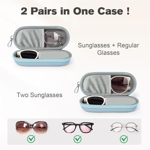 Double Eyeglasses Case, Dual Glasses Sunglasses Organizer with Zipper Closure, Eyewear Storage Box for Men Women Travel - color: Blue