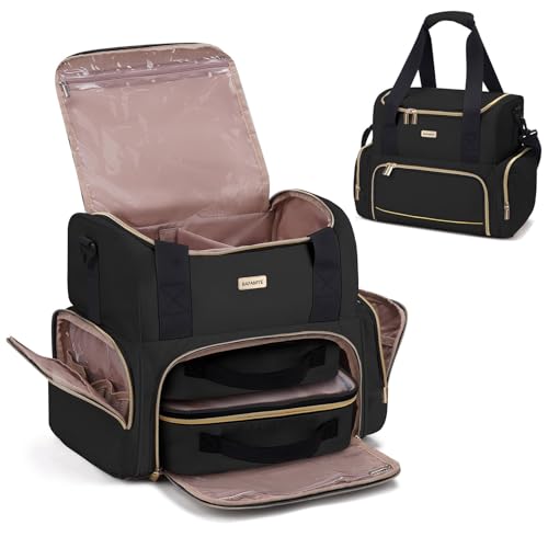 BAFAMYE Large Makeup Travel Cosmetic Bag with 2 Removable Case, Double Layer Big Travel Make Up Organizer Case, Toiletry Bag for Women, Train Cases Bags - color: Black