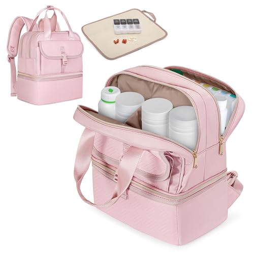 Fasrom Medicine Travel Bag Backpack with Insulated Compartment & Waterproof Mat, Double Layer Pill Bottle Organizer for Prescription, Vitamins and Medical Supplies, Pink (Empty Bag Only) - color: Pink