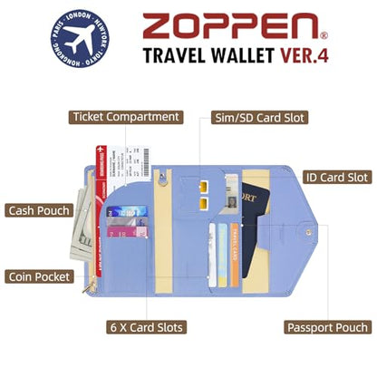 ZOPPEN Mulit-purpose Rfid Blocking Passport Holder Travel Wallet (Ver.4) Passport and Vaccine Card Holder ComboTri-fold Document Organizer Travel Essentials - color: #25 Niagara Blue