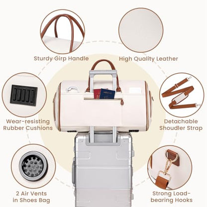 Convertible Garment Bag for Travel, PU Leather Carry On Garment Duffle Bag for Men Women, 2 in 1 Suit Travel Bags for Hanging Clothes with Shoe Compartment - color: Beige
