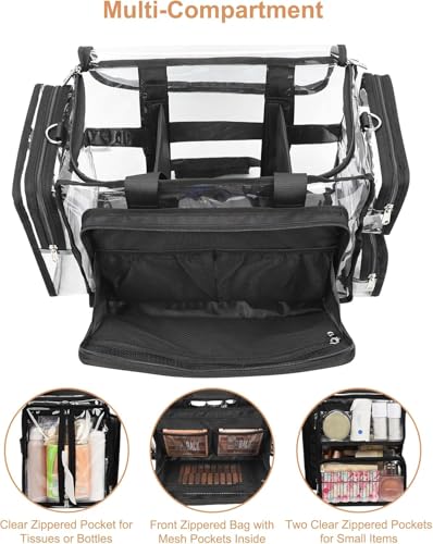 Relavel Clear Makeup Bag with 4 Small Pouches, Extra Large Makeup Artist Kit Set, Cosmetic Storage Organizer Transparent Tote Beach Toiletry Bag with Adjustable Dividers & Shoulder Strap - color: Clear with 4 Small Clear Bags