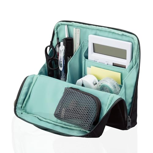 KOKUYO Pencil Case Pouch, Haco-Biz Standing Pen Pouch Bag, Foldable Stand up Pencil Holder Organizer, Large Capacity Portable Pencil Box for Office Supplies, Black x Green (KAHA-HB11D) - color: Black x Green