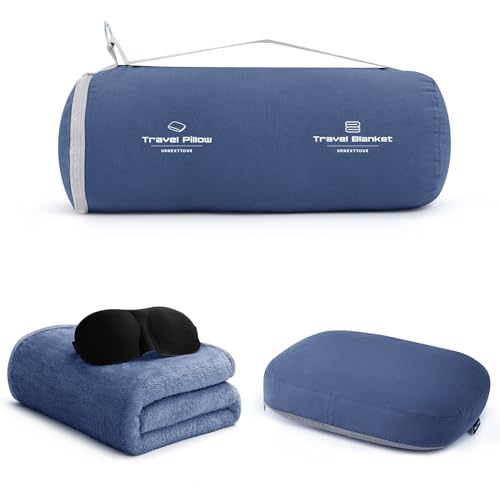 urnexttour 4-in-1 Travel Pillow & Blanket Set with Eye Mask, Memory Foam Neck Support, 50x65 Inch Blanket, Storage Bag for Airplane, Car, Train, Home Travel Blue - color: Blue