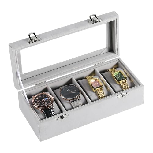 Frebeauty 4-Slot Watch Box,Velvet Watch Case with Glass Lid,Watch Organizer Box for Men and Women,Lockable Watch Storage,Watch Display Case,Ideal Gift(Grey) - color: Grey, size: 4 Slots