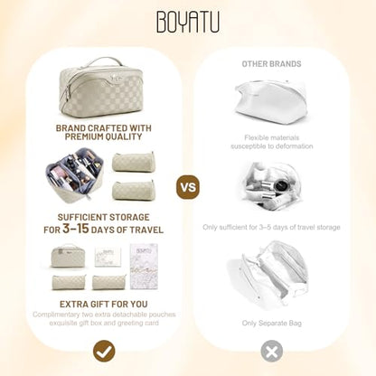 BOYATU Travel Makeup Bag Organizer: 3 Pcs Set Large Capacity Cosmetic Bags Holds 10–20 100ml Full-Size Bottles - 180°Open-Flat Make up Case 3-sec touch-up - Toiletry Bag Gift women (01-D-Beige) - color: 01-E-Beige