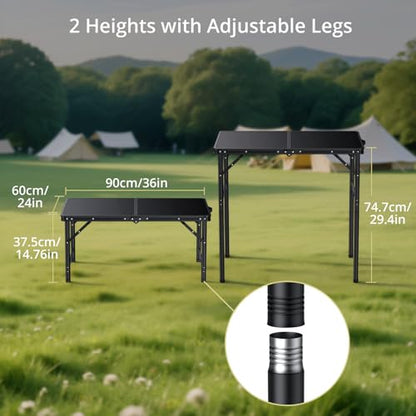 Anbte 3ft Camping Table Foldable with Storage Net, 3 Heights Max 29.5" Aluminum Camping Table with Portable Handle, Lightweight, for Travel Outdoor Beach Picnic Patio Indoor, 36" x 24", Pure Black - size: 36"L x 24"W x 29.5H"