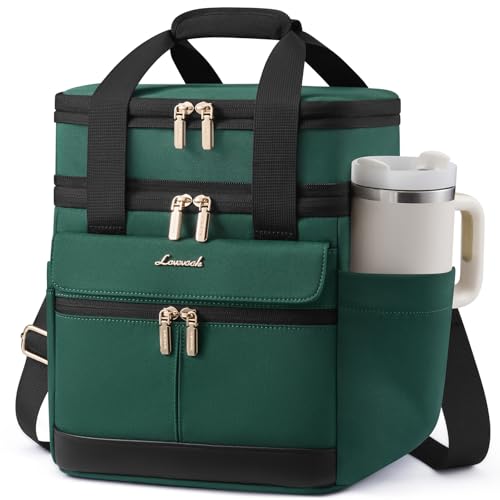 LOVEVOOK Insulated Lunch Bag Women Men,Expandable Double Deck Lunch Box for Women With Large Cup Holder,Leakproof Cooler Bag For Adult Lunch Tote Bag Work Picnic Beach with Adjustable Shoulder Strap - color: Dark Green with Black, size: Large-15L