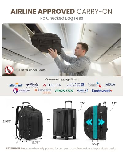 Fanwoli Rolling Vacuum Backpack Travel with One-Button Compression, 55L Expandable, Water Resistant Carry-On Suitcase Luggage, Ideal for Outdoor/Family/Trips - color: Black