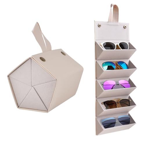 Kenpal Sunglasses Storage Organizer Holder Foldable Travel Case with 5 Slot Compartments for Multiple Glasses - color: Beige