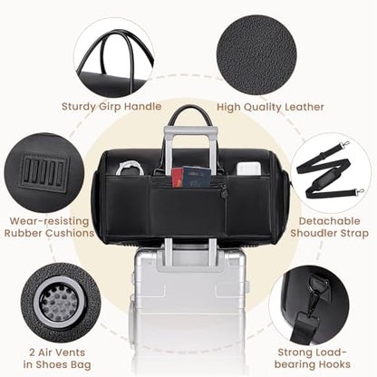 Leather Duffle Bags for Men, Vessgra 2 in 1 Suit Bag Travel 56L Duffel Bags for Traveling PU Leather Garment Bag with Shoe Compartment,Travel Carry on Bag, Weekender Bussiness Wedding,Black - color: Black