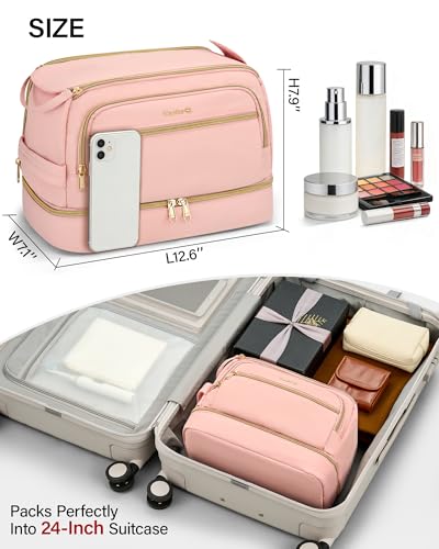 Hanke Travel Toiletry Bag, Lightweight Wide-open Makeup Bag, Dual-Layer Travel Bag for Toiletries Water-Resistant Cosmetic Bags Large Toiletry Bags for Women & Men, Travel Essentials, Pink - color: Pink