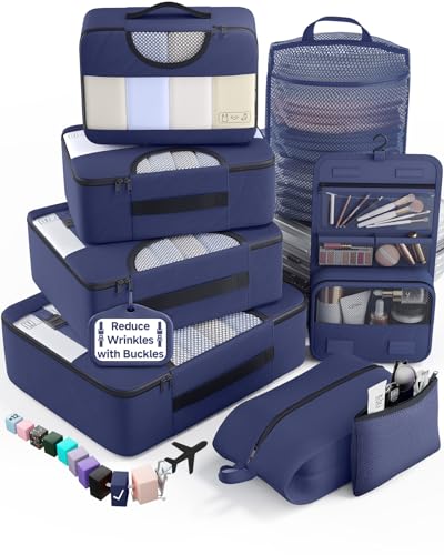 Veken 8 Set Packing Cubes for Travel Essentials,Anti-Wrinkle Buckled Suitcase Organizer for Shoe & Toiletry Bag,Carry On Luggage Bag for Airplane & College Dorm Room Accessories,Women Men Gifts - color: 13 Indigo Blue
