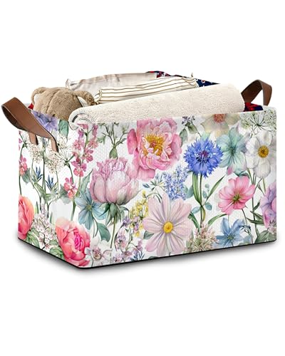 Pink Blue Flowers Storage Baskets,Floral Foldable Organizer Bin with Handles for Home Living Room Bedroom Closet Box 17x11.5x10Inch - color: Pink Blue Flowers Floral