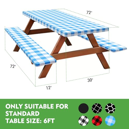 Picnic Table Cover with Bench Covers, Fitted 6ft Waterproof Tablecloth Set for Outdoor Camping & RV - Includes 1 Table Cover & 2 Bench Covers with Drawstring Storage Bag, 30"x72", White Blue Grid - color: White Blue Grid