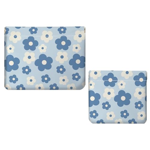 2 PCS PU Leather Small Makeup Bag Set for Purse,No Zipper Self-closing Cosmetic Bag, Portable Coin Purse Lipstick Accessories Organizer Travel Toiletry Storage Pouch for Women,Blue and white flowers - color: Blue and white flowers