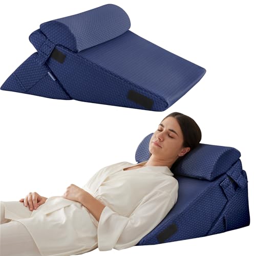 Bedluxe 3Pcs Orthopedic Bed Wedge Pillow Set, Foam Wedge Pillow Post Surgery for Back, Leg and Knee Support, Adjustable 9&12 Inch Folding Triangle Pillow for Sleeping, Acid Reflux, Snoring, Navy - color: Navy, size: Adjustable 9&12 Inch + 1 Head Pillow