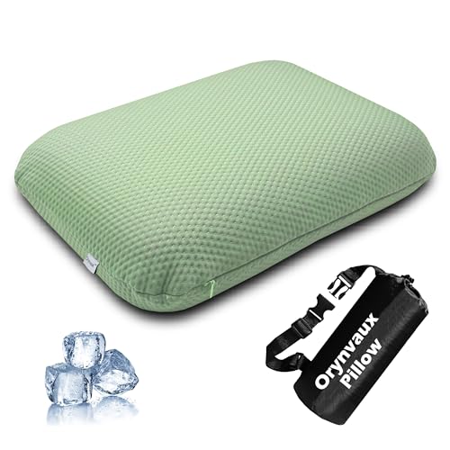 Cooling Camping Pillow, Memory Foam Travel Pillow with Adjustable Buckle Strap & Storage Bag, Compact Small Pillow for Airplane, Car Lumbar, Office, Washable Cooling Cover, Canopy Green - color: Canopy Green, size: L-17.5*11.8*4.3in