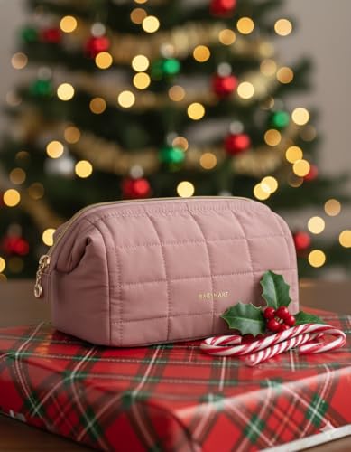 BAGSMART Makeup Bag Travel Toiletry Bag, Puffy Padded Make Up Bags for Women Makeup Organizer Case, Wide-open Pouch Purse Travel Essentials Toiletries Accessories Brushes, Dark Pink - color: 02-Dusty Rose Pink