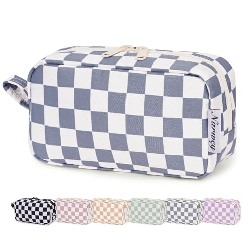 Narwey Small Checkered Makeup Bag for Purse Travel Makeup Pouch Mini Cosmetic Bag Zipper Pouch for Women (Grayish Blue Checkerboard, Small) - color: AA-Grayish Blue Checkerboard, size: Small