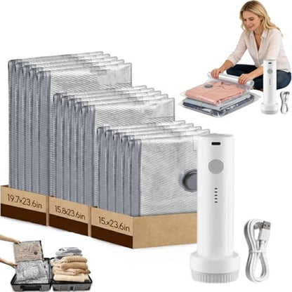Whimsyard Vacuum Travel Bags, X7 Cordless Travel Vacuum Bag Set, Vacuums Seal Bags for Clothing Travels, Vacuum Bags for TravelS with Rechargeable Air Pump, Perfect for Carry-On Suitcases(15pcs)