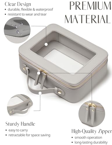 Popvibe Clear Makeup Bag Travel Cosmetic Case Transparent Toiletry Bag with Zipper, Portable Make Up Organizer Traveling Compact Car Bag for Essentials - color: Beige Grey, style: Large Luxe