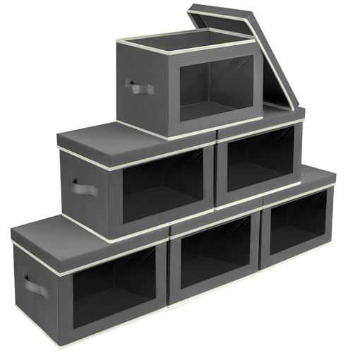 Homsorout Stackable Storage Bins with Lids - Large Storage Box with Lids, Foldable Closet Boxes for Organizing, Wardrobe Clothes Organizer with Window, Cubes Bins for Living Room, 6 Pack, Dark Grey - color: Dark Grey, size: XL(6-Pack)