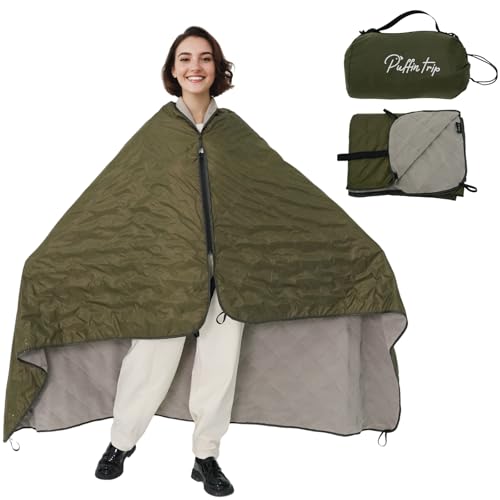 Wearable Warm Camping Blanket Waterproof Windproof Zipper Wear Quilted Fleece Stadium Blanket with Portable Bag for Outdoor Camping Picnic Sports Pet Beach Travel Car 79x55 inches Olive Green - color: Olive Green
