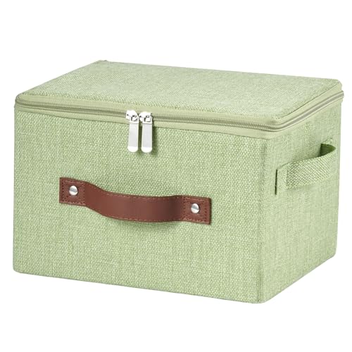 Storage Bins with Zipper Lid Cotton Linen Fabric Lidded Storage Baskets Boxes Foldable Washable Closet Shelf Clothes Organizer Container with PU Leather Handles (Green, Small Size) - color: Green, size: Small ( Set of 1 )