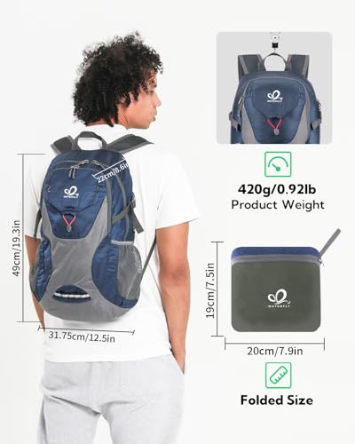 WATERFLY Lightweight Packable Hiking Backpack: 30L Foldable Travel Daypack Ultralight Camping Day Pack for Woman Man - color: Blue