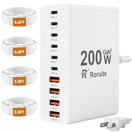 USB C Charging Station 10 Port with 4 Cables,200W GaN Type C Charger Block,Wall Charger Power Strip Adapter Plug for iPad iPhone17 16 15 14 13 12 Pro Max Pixel Note Galaxy - color: White