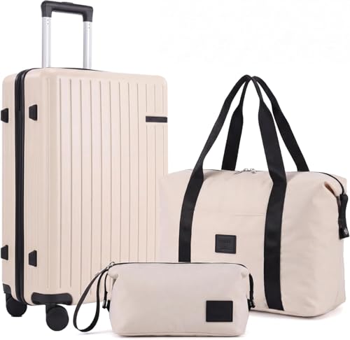 Hoteel luggage Sets 3 Piece Carry on Luaagae Suitcases with Spinner Whells & TSA Lock(4-YEAR WARRANTY), Carry on Suitcase ABS+PC Hard Shell Lightweight Travel Suitcases(20in/DB/TB, Beige) - color: Beige 111, size: 3 Piece set (20/DB/TB)ABS+PC