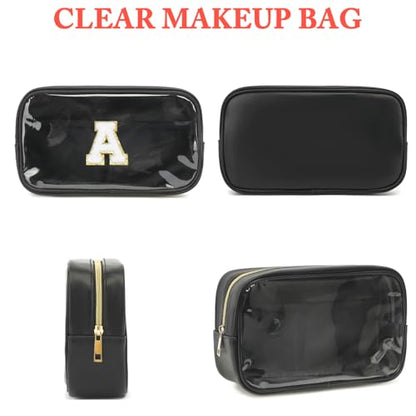Fammart Clear Makeup Bag with 2 Customizable Chenille Letters - Waterproof PU Leather Cosmetic Case, Large Personalized Toiletry Pouch for Women & Teens, Ideal for Travel & Gift - color: Clear, Large - Black