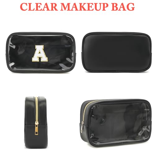 Fammart Clear Makeup Bag with 2 Customizable Chenille Letters - Waterproof PU Leather Cosmetic Case, Large Personalized Toiletry Pouch for Women & Teens, Ideal for Travel & Gift - color: Clear, Large - Black