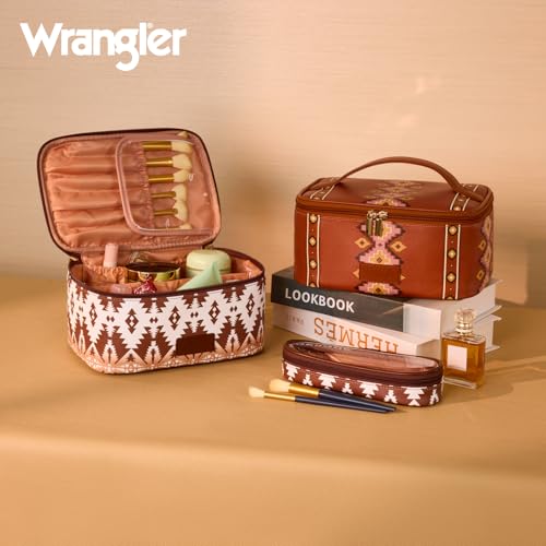 Montana West X Wrangler Travel Makeup Bag 2pcs Set Large Cosmetic Bag with Makeup Brush Holder Portable Make Up Organizer Cute Toiletry Bag with Divider and Handle for Women Aztec - color: Aztec-Coffee