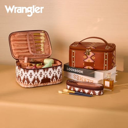Montana West X Wrangler Travel Makeup Bag 2pcs Set Large Cosmetic Bag with Makeup Brush Holder Portable Make Up Organizer Cute Toiletry Bag with Divider and Handle for Women Aztec - color: Aztec-Coffee