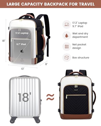 LOVEVOOK Large Travel Backpack for Women, TSA Carry on Backpack for Airplanes, 40L Personal Item Travel Bag for Women fits 17" Laptop,Waterproof Carry on Bag Airplane Approved with 3 Packing Cubes - color: Black - Beige - Brown, size: 40L-4Pcs