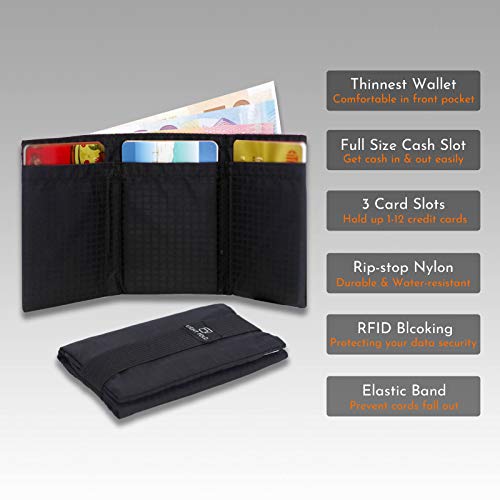 LIGHT FOLD Ultra Slim Tri-Fold Wallet with RFID Blocking, Lightweight Minimalist Men’s Wallet with Elastic Band, Waterproof Durable Nylon Fabric, Slim Front Pocket Card Holder Fits 12 Cards & Cash - color: Grey