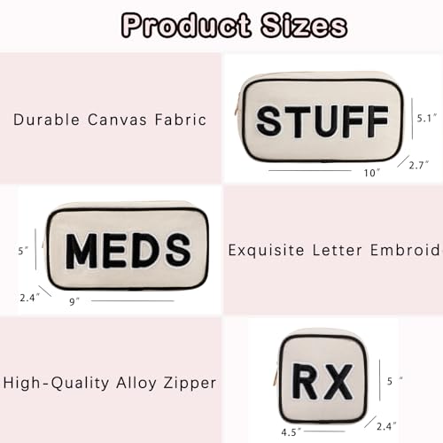 RSRSLEII 3Pcs Canvas Rx MEDS STUFF Packages, Cute Chenille Letter Patch Drug Makeup Bag with Metal Zipper, Mini Travel First Aid Purse Organizer Machine Washable (3Pcs Bags) - color: 3Pcs Bags
