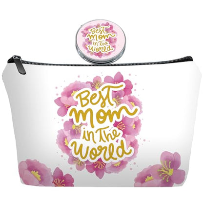 Mom Makeup Bag Set Gift with Mirror – Best Mom Travel Cosmetic Pouch, Mama Cosmetic Bag Set for Wife & Female Friends - color: Best mom in the world-white-2S