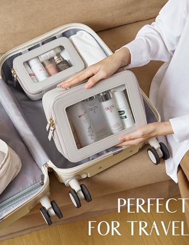 Popvibe Clear Makeup Bag Travel Cosmetic Case Transparent Toiletry Bag with Zipper, Portable Make Up Organizer Traveling Compact Car Bag for Essentials - color: Beige Grey, style: Large Luxe