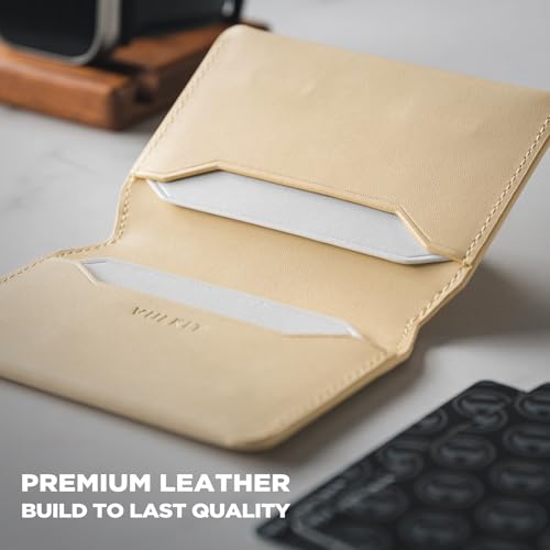 VULKIT Slim Minimalist Card Holder RFID Blocking Leather Credit Card Holder Front Pocket Wallet Magnetic Closure - color: Cream