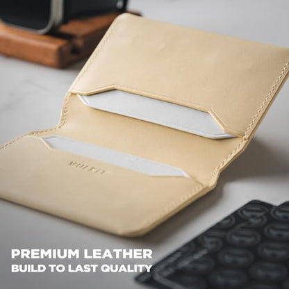 VULKIT Slim Minimalist Card Holder RFID Blocking Leather Credit Card Holder Front Pocket Wallet Magnetic Closure - color: Cream